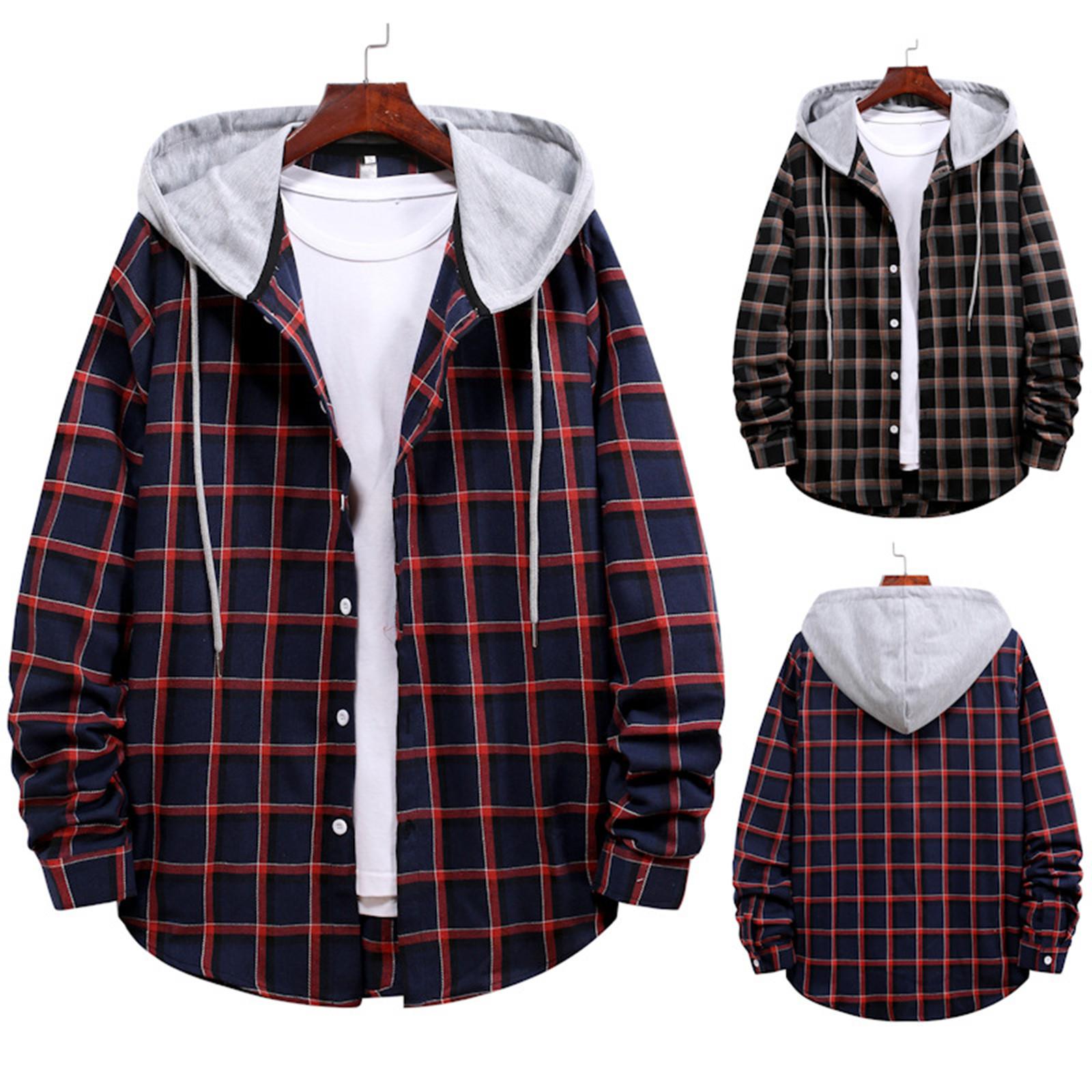 Zhengfuzhihai Herenmode jas met capuchon en geruit overhemd met lange mouwen XXL rood