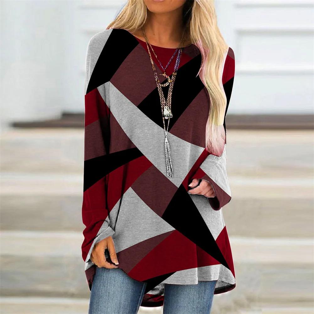 ETST 007 Color Block Geometry T-shirts 3D-geprinte damesmode T-shirt met lange mouwen Oversized streetwear Dames tuniek T-shirts Tops Kleding S