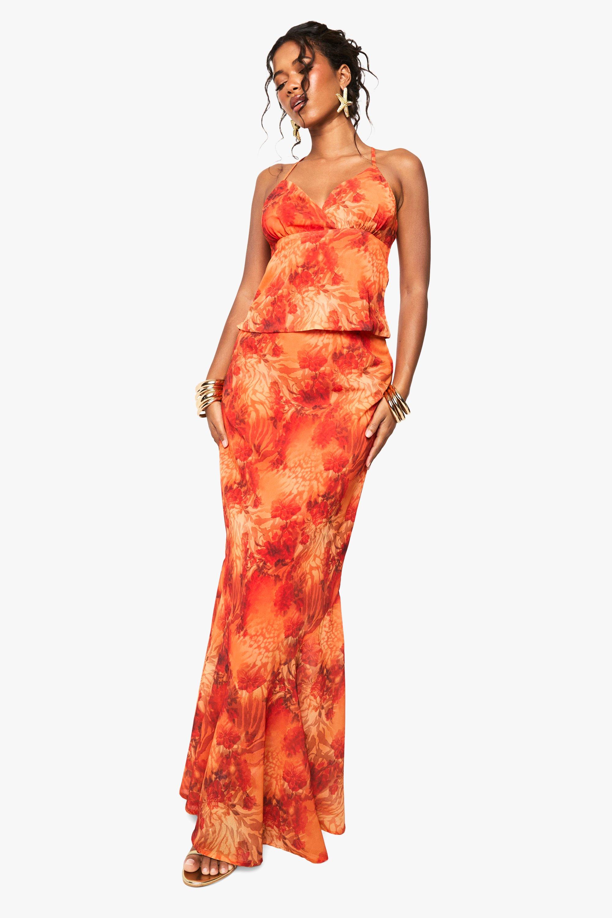 Boohoo Chiffon Bloemen Maxi Rok, Orange
