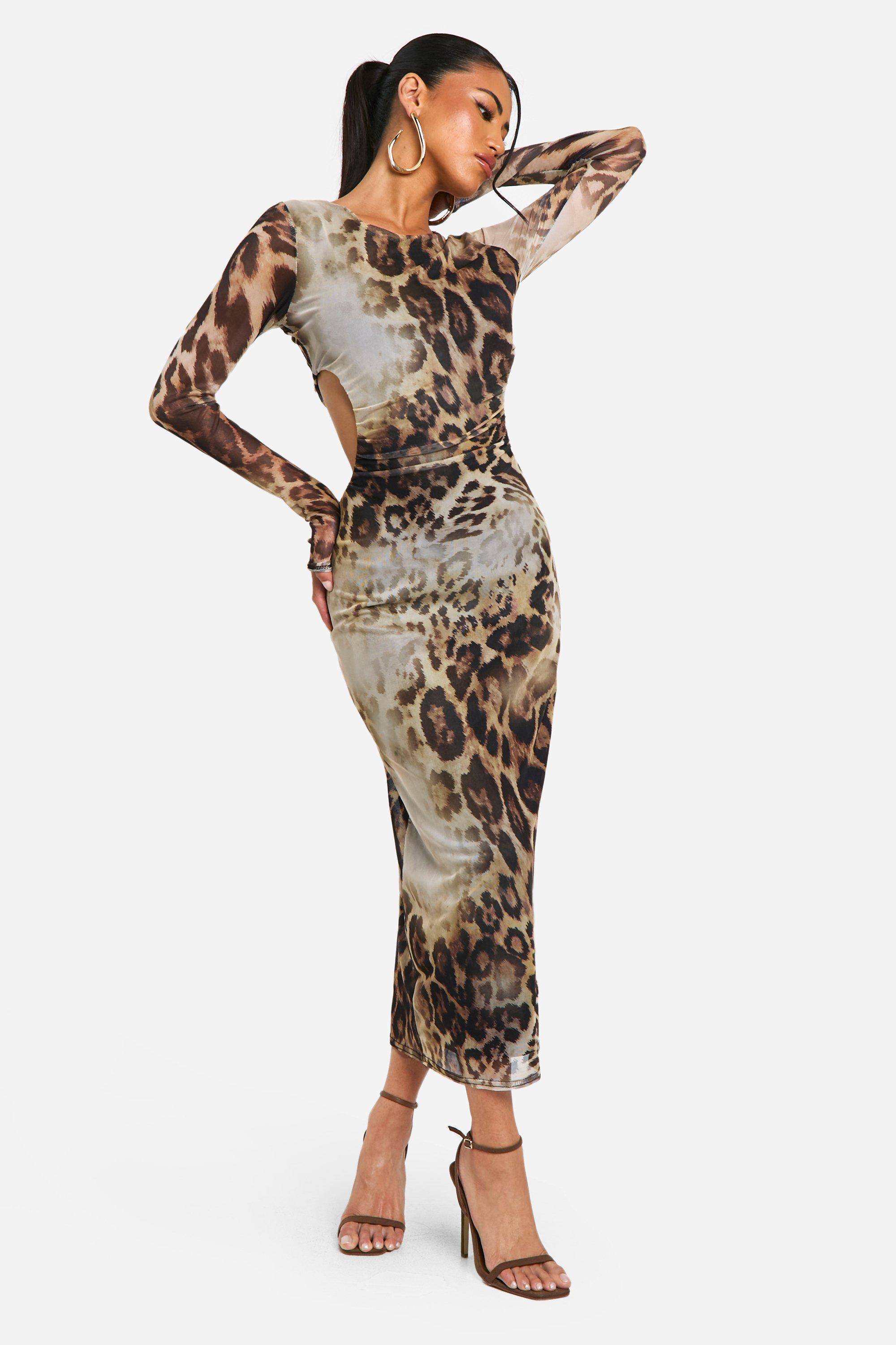 Boohoo Geplooide Mesh Luipaardprint Midaxi Jurk Met Uitsnijding En Lange Mouwen, Brown