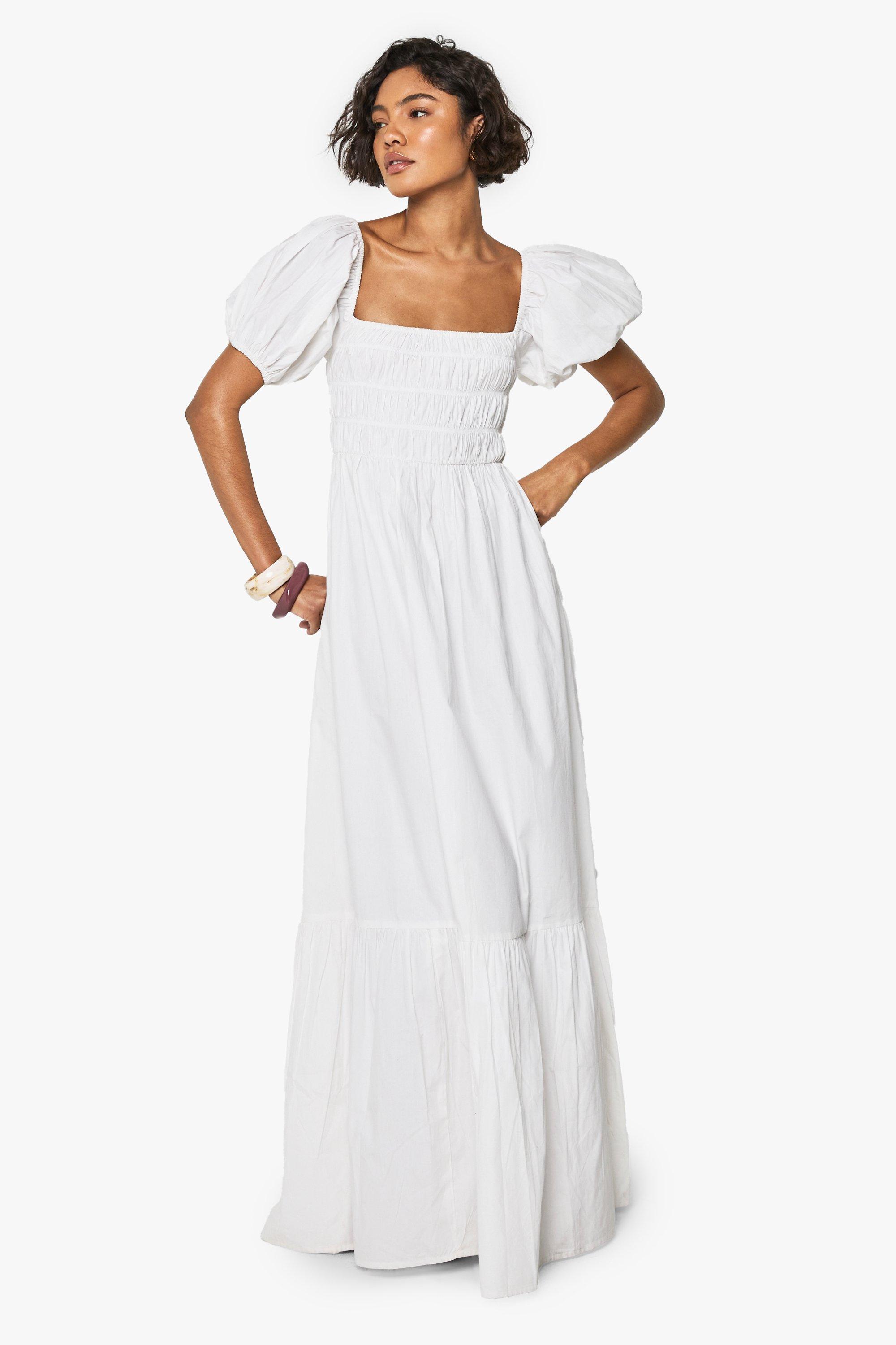 Boohoo Tall Geplooide Midaxi Jurk Met Pofmouwen, White