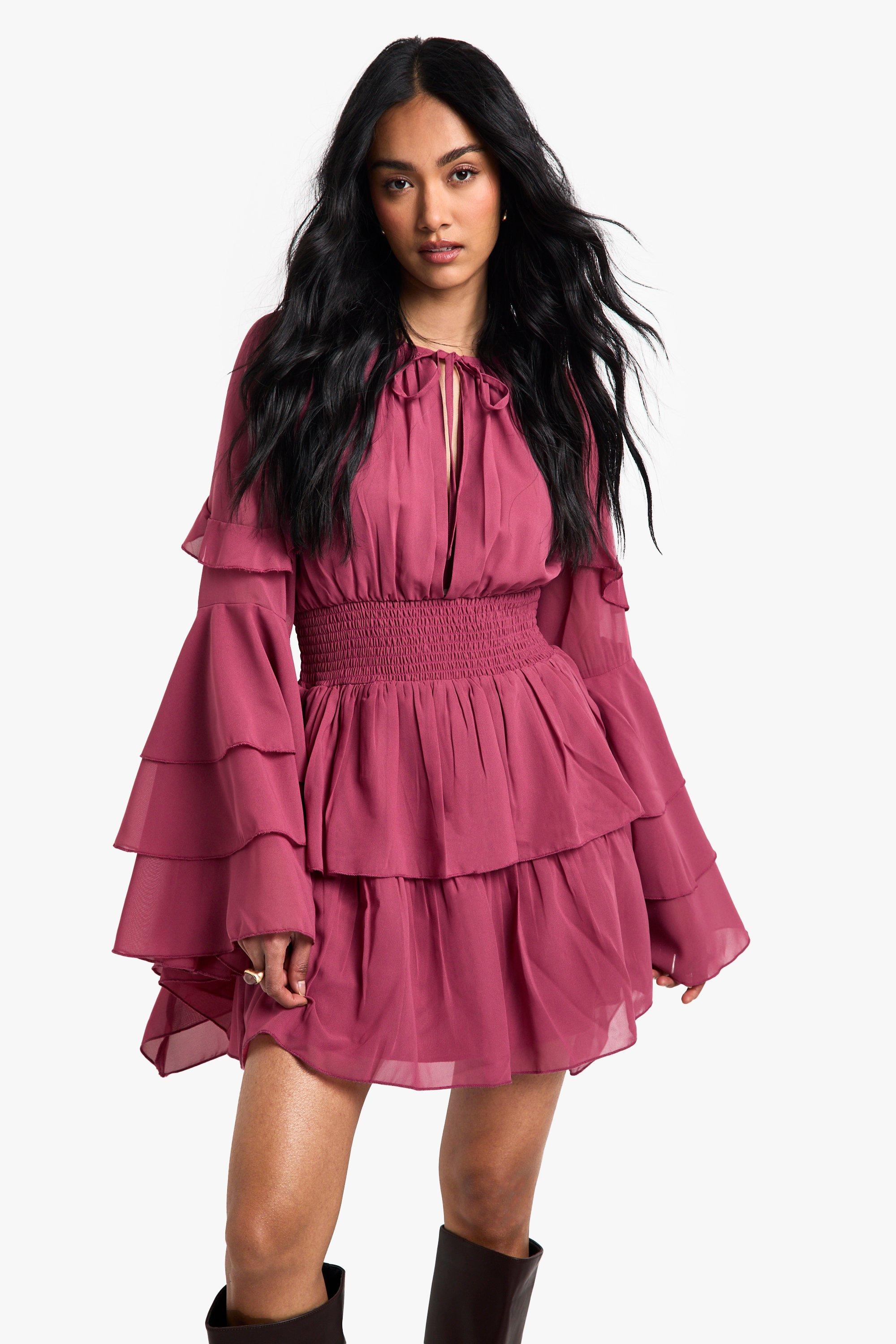 Boohoo Chiffon Mini Jurk Met Lange Mouwen En Ruches, Rose