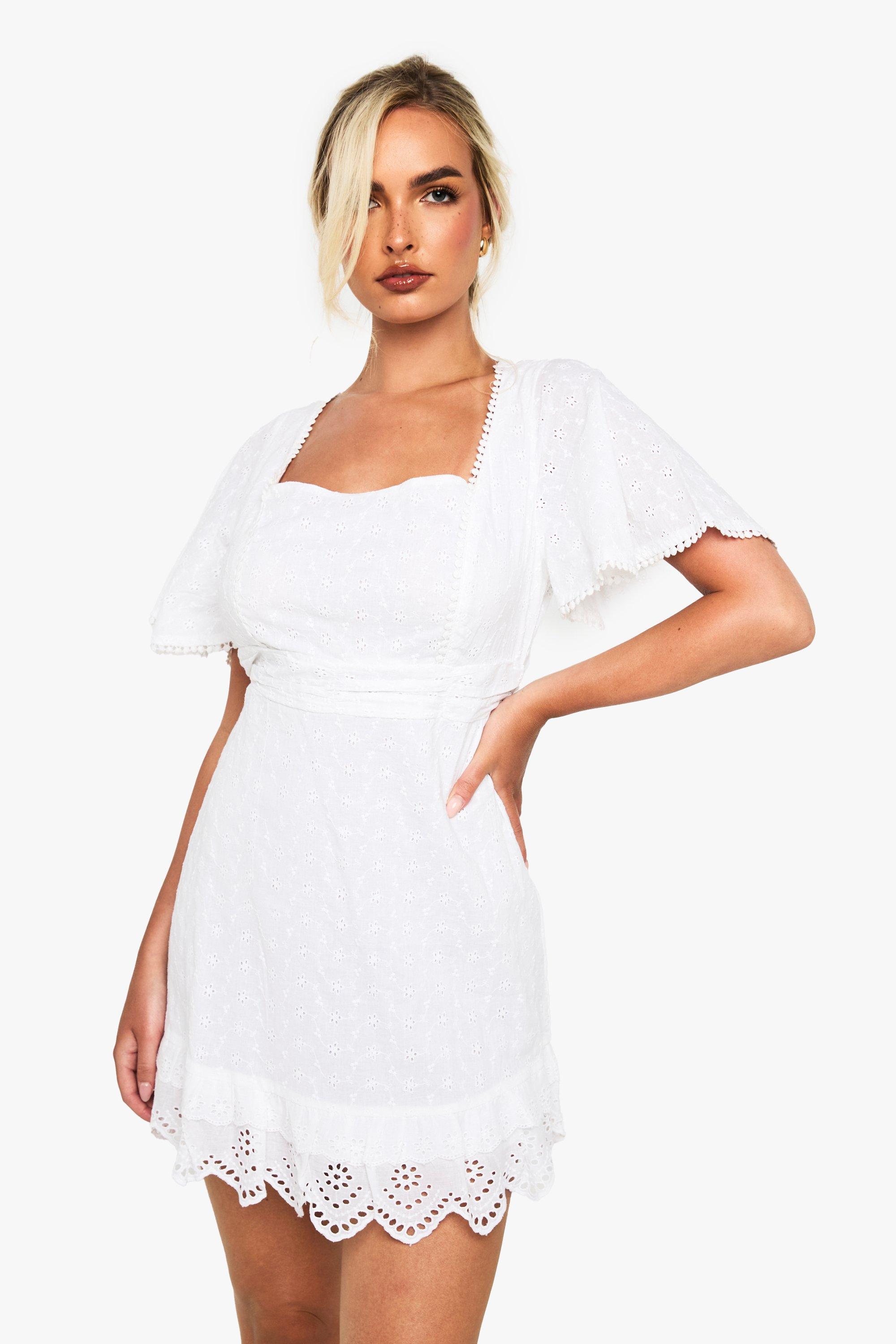Boohoo Gehaakte Katoenen Mini Jurk Met Vierkante Hals, White