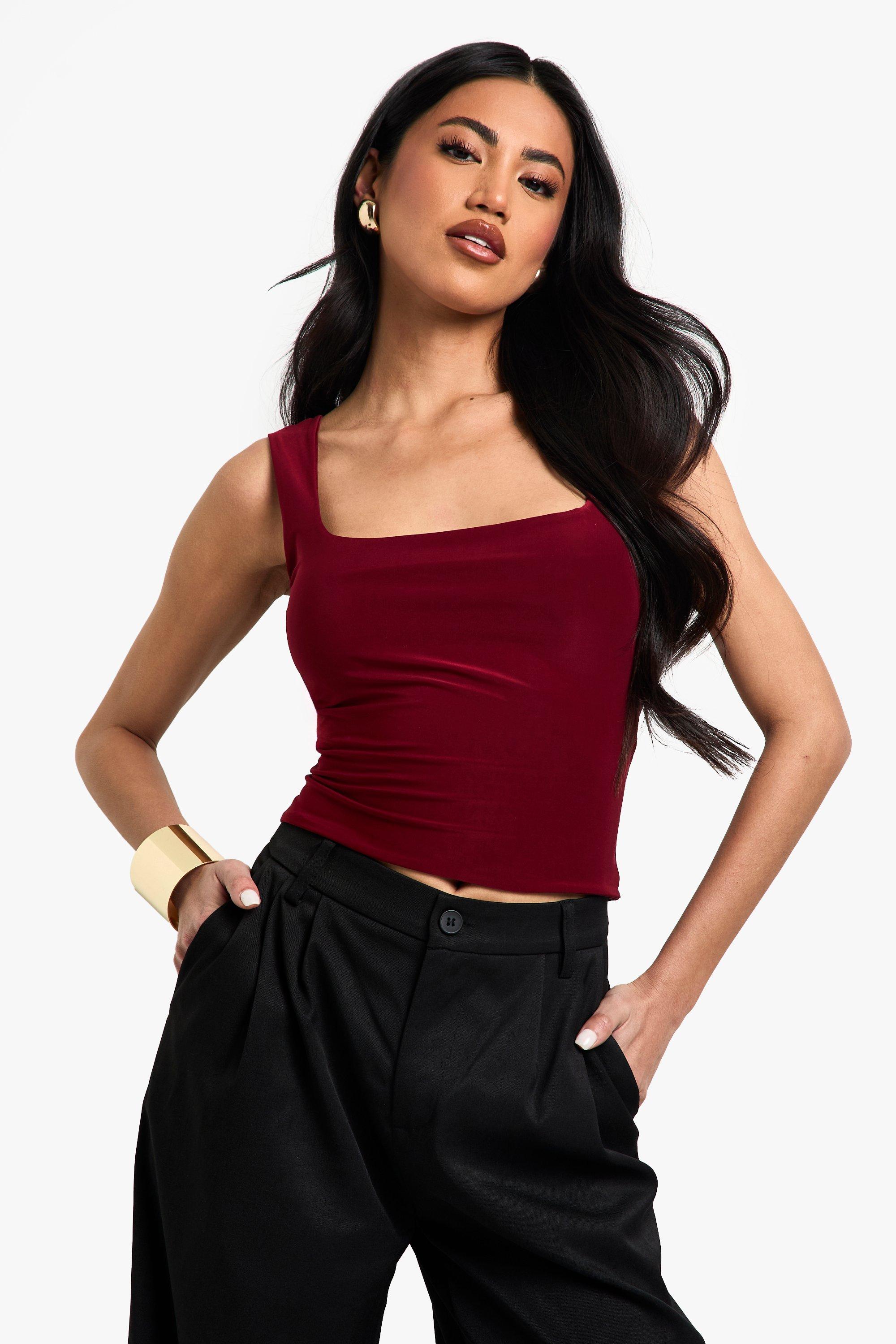 Boohoo Strakke Crop Top Met Dubbele Lagen En Vierkante Hals, Red