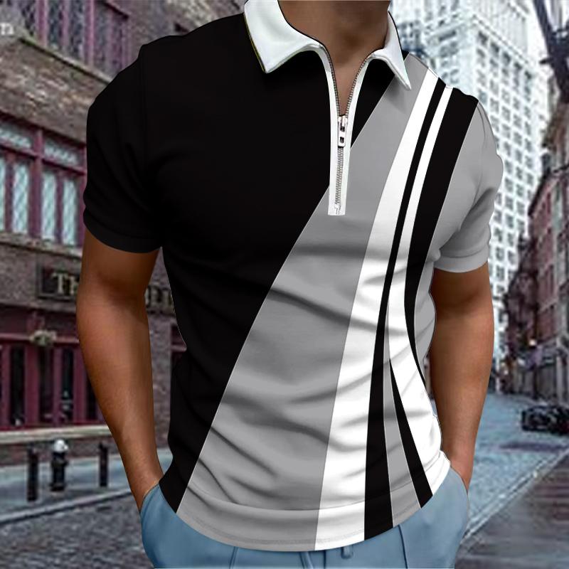 3D Fashion Design Clothing Casual revers T-shirt Jonge herenmode T-shirt met rits T-shirt met korte mouwen Heren 3D driekleurige onregelmatige vierkante print T-shirt XS wit