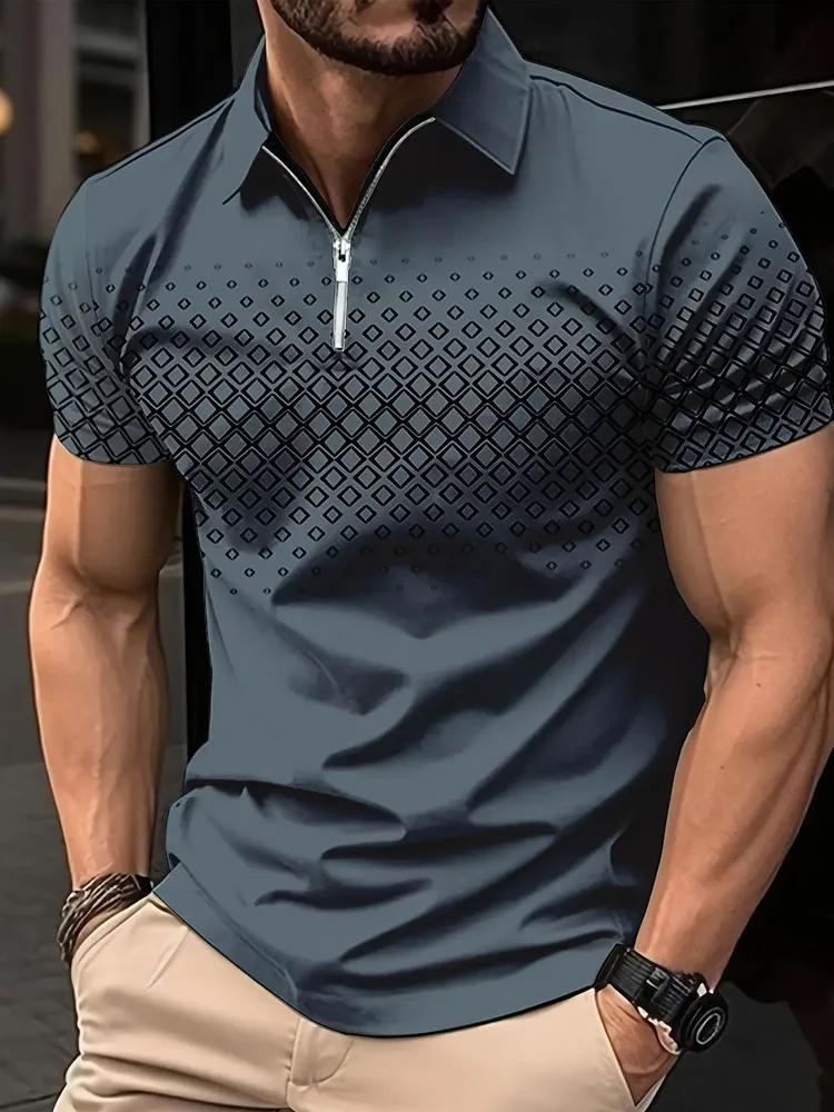 Haojun Polo Shirt Fashion 3D T-shirt Zipper POLO Shirt Casual Short Sleeve Summer Street Clothing Men's Clothing S marineblauwe kleur