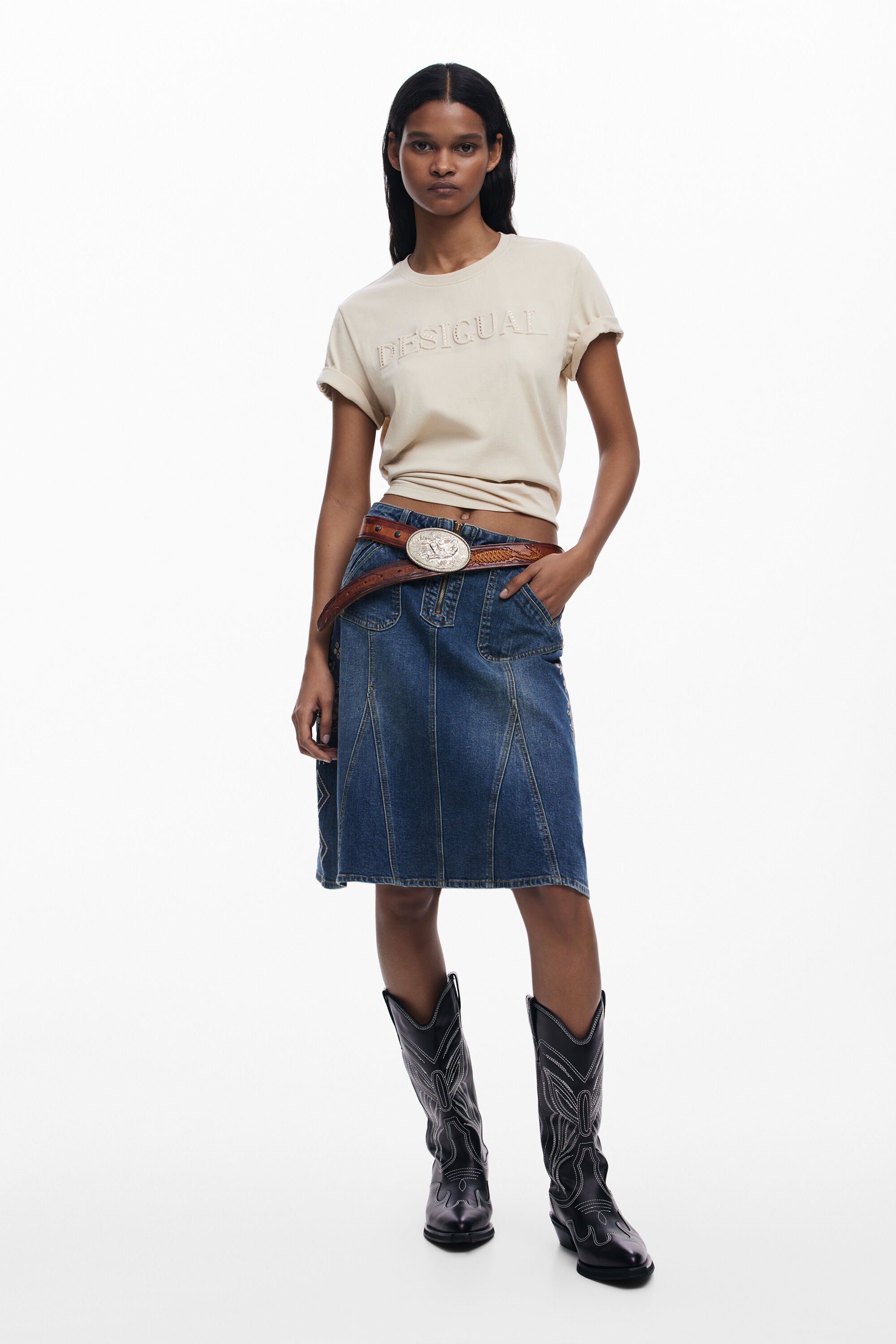 Desigual Denim rok met borduursels - BLUE