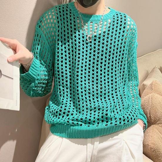 Manjianjing Mannen holle top mesh visnet effen kleur ronde hals losse lange mouw clubwear hiphop doorzichtige elastische trui feesttop XL сyaan