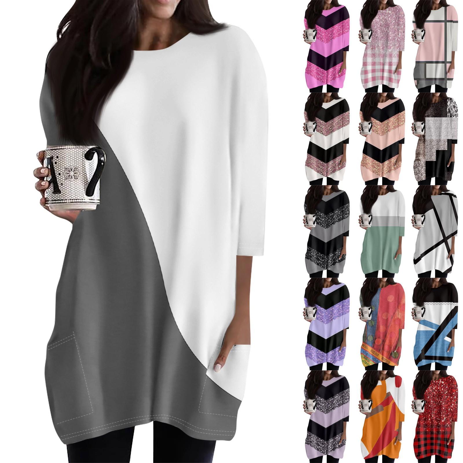 Blackrose Dames Casual 3/4 Mouw Shirts Fashion Print Tuniek Tops Met Zakken XL