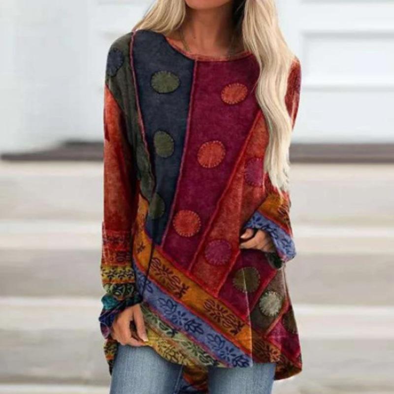 ETST0013 Nieuwe etnische stijl Boho T-shirts Geometrische 3D-print Vrouwen Lange mouw T-shirt Oversized Streetwear Tuniek Tees Tops Vrouwelijke kleding S
