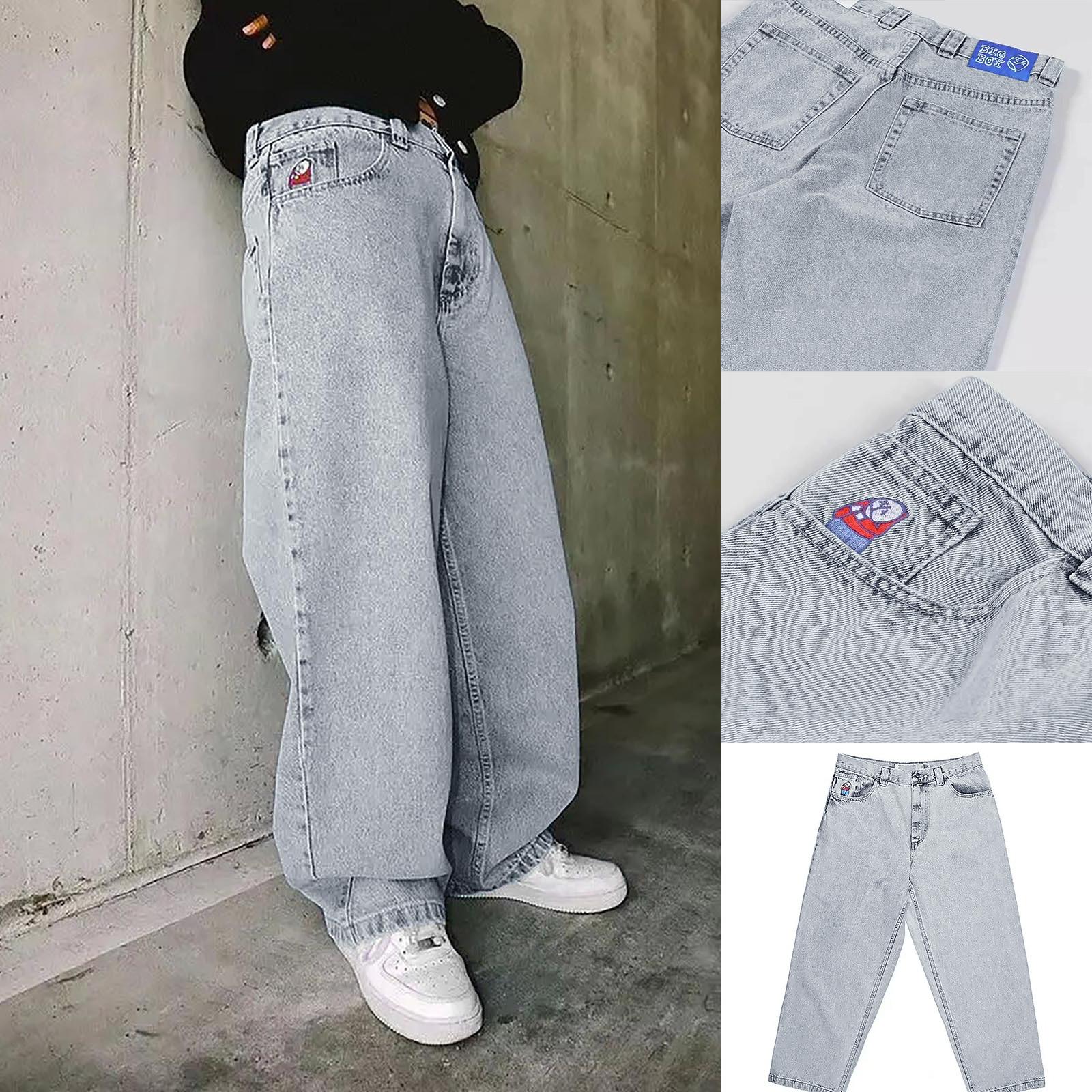 Jiangnan A Dames borduurpatronen streetwear jeans casual hiphop retro blauwe losse jeans L