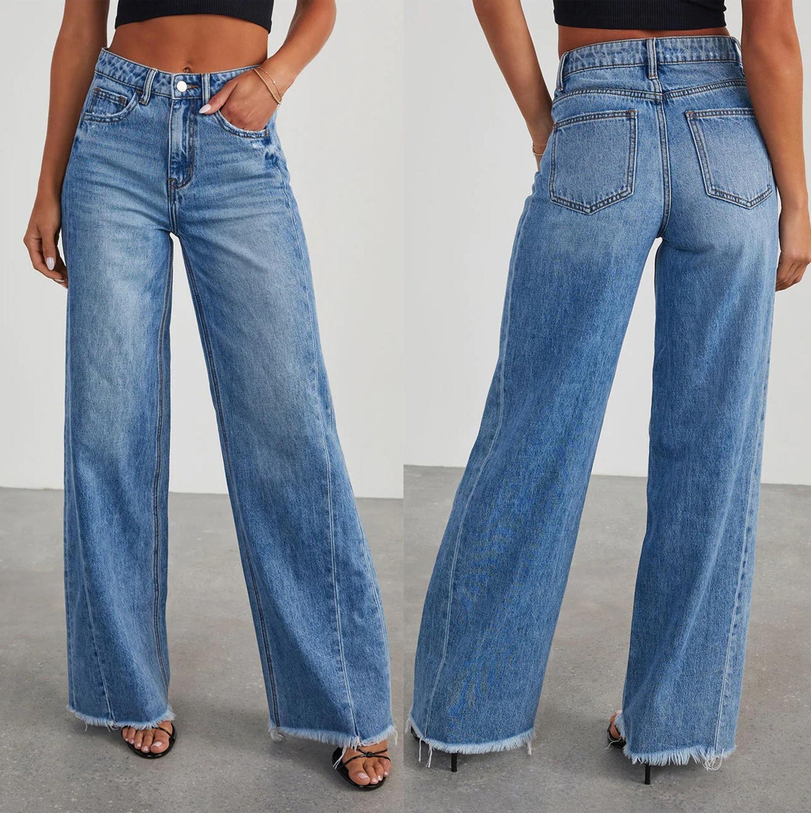 Mianduijifengba Vrouwen Baggy Mid Waist Jeans Wijde Pijpen Losse Denim Broek Rechte Pijpen Cropped Barrel Jeans L blauw