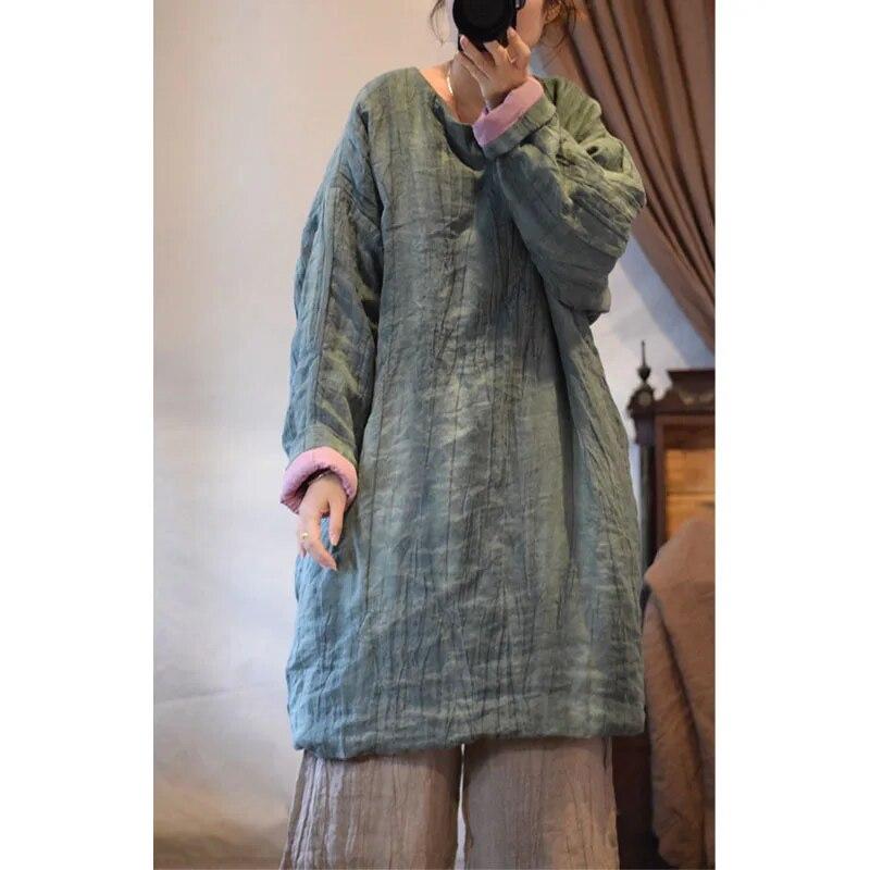 Johnature linnen vintage stijl effen kleur katoenen kleding winter vrouw lange mouwen losse katoenen kleding One Size groen