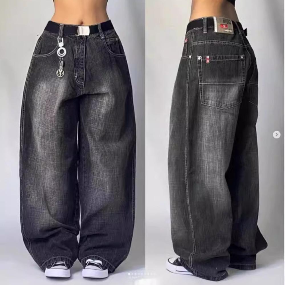 MA10BL Y2K Jeans Harajuku Hip Hop Retro Schedel Grafisch Geborduurd Baggy Jeans Denim Broek Vrouwen Goth Hoge Taille Wijde Broek L zwart