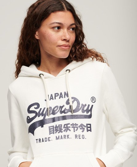 Superdry Vrouwen Metallic Hoodie met Vintage Logo en Grafische Print Crème