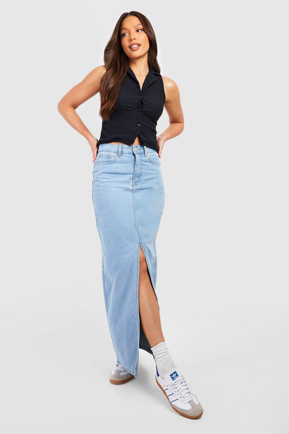 Boohoo Tall Maxi Spijkerrok Met Split, Light Wash