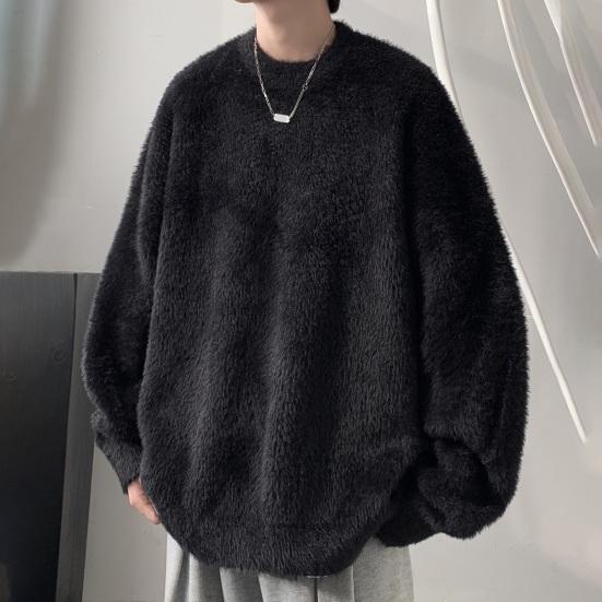 PLUM LAI Herfst Winter Heren Trui Oversized Mid Lengte Pure Kleur Fluffy Ronde Hals Lange Mouwen Pullover Elastisch L grijs