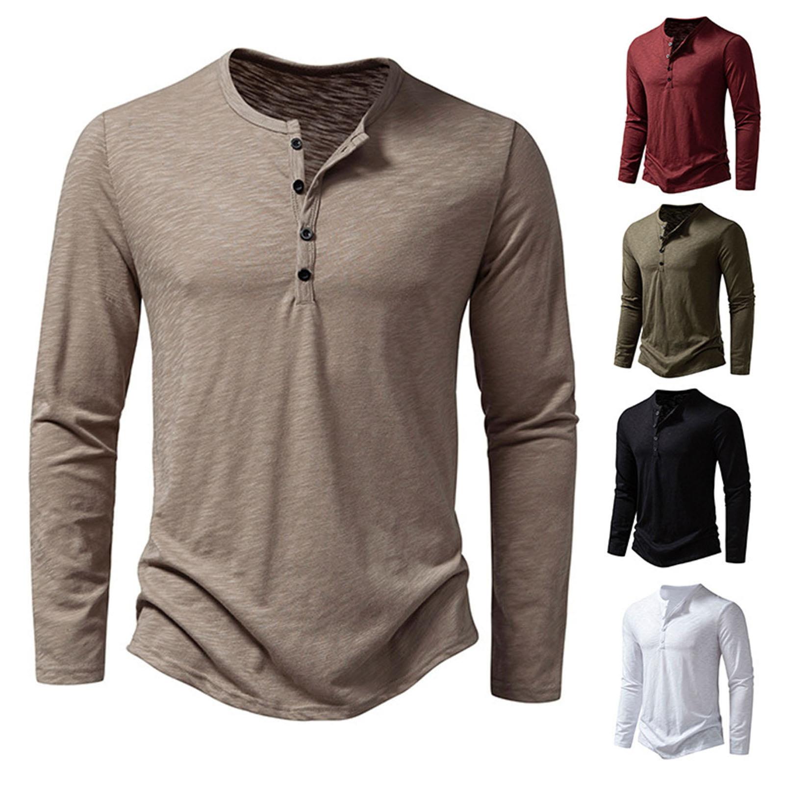 Manjianjing Mannen Herfst Winter O-hals Knoppen Hals T-shirt Lange Mouw Effen Kleur Slim Fit Dieptepunt Tee Shirt streetwear L legergroene kleur