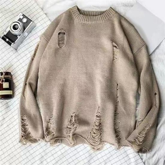 PLUM LAI Heren Herfst Winter Trui Gescheurd Gat Effen Kleur Ronde Hals Gebreid Retro XL abrikoos