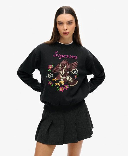 Superdry Vrouwen Suika Geborduurd Sweatshirt met Losse Pasvorm Zwart