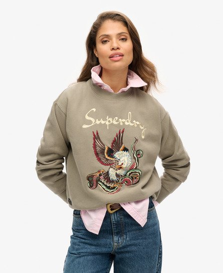 Superdry Vrouwen Suika Geborduurd Sweatshirt met Losse Pasvorm Khaki