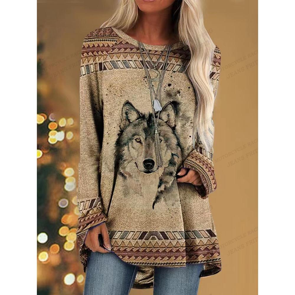 Etst 003 Vrouwen T-shirt Wolf 3d Print T-shirt Vrouwen Mode Dieren T-shirts Casual Lange Mouw Tops Tees Vintage T-shirt S