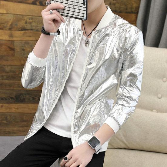PLUM LAI Herenjas Glanzend oppervlak Effen kleur Opstaande kraag Ritssluiting Cardigan Hip Hop Straat L zilver