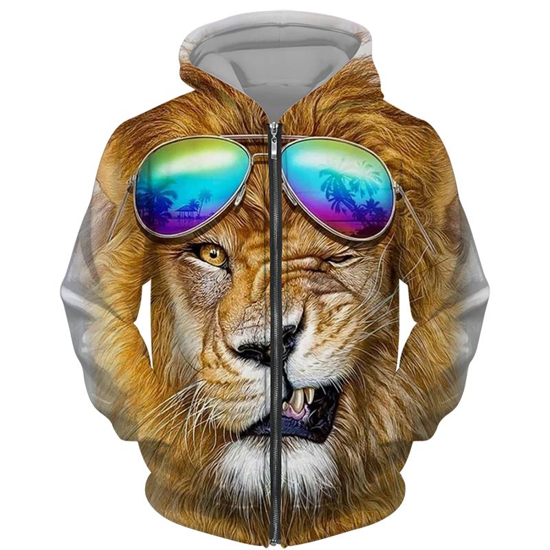 HIMO Group Lente Herfst Heren Rits Hoodie Sweatshirts 3D Dier Leeuw Beest Afdrukken Capuchon Trui Mode Jas Casual Sportkleding S