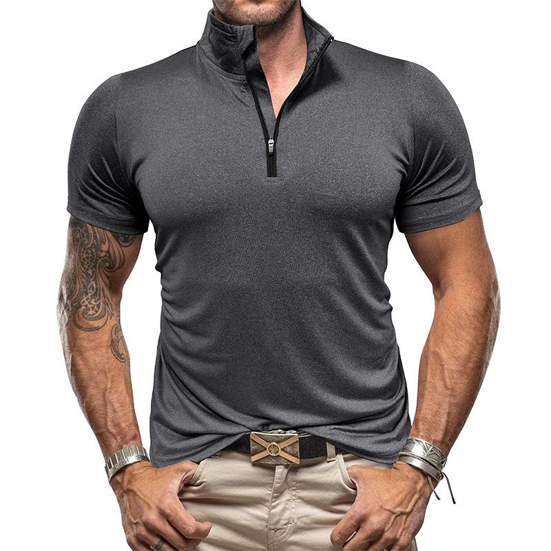 Yoxier Heren Sport-T-shirt Sneldrogend Korte mouwen Effen overhemden Opstaande kraag Rits Truien Lente Zomer Fitnesskleding Hoge elasticiteit Overhemden S