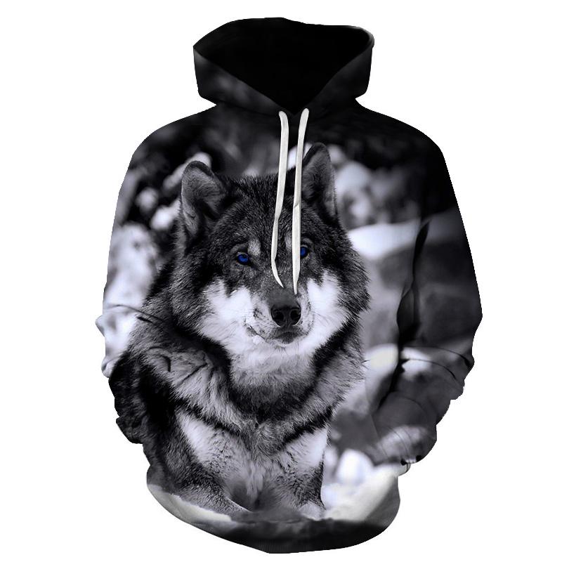 HIMO Group Lente Herfst Heren Junior Wolf Hoodie Mode 3D Wolf Afdrukken Losse Streetwear Grappig Dier Straat Hip Hop Casual Sweatshirt XS