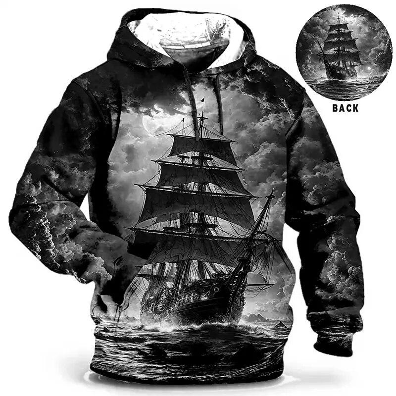 HIMO Group Vintage hooded sweatshirt heren hoodie schip grafische T-shirt 3D print trui oversized herenkleding top mannelijke herfst streetwear M