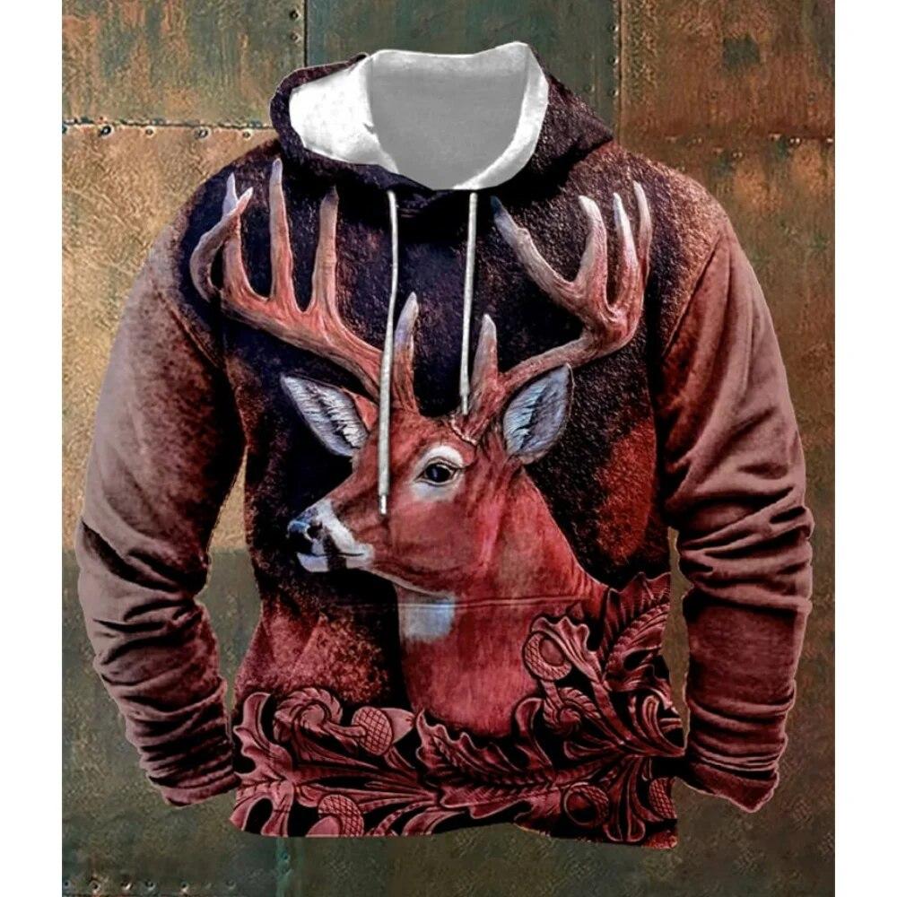 HIMO Group Vintage hoodie voor heren, 3D-hertenjacht, grafisch sweatshirt met capuchon voor mannen, winteruitloper, tops, oversized, dagelijks, casual, Steetwear M