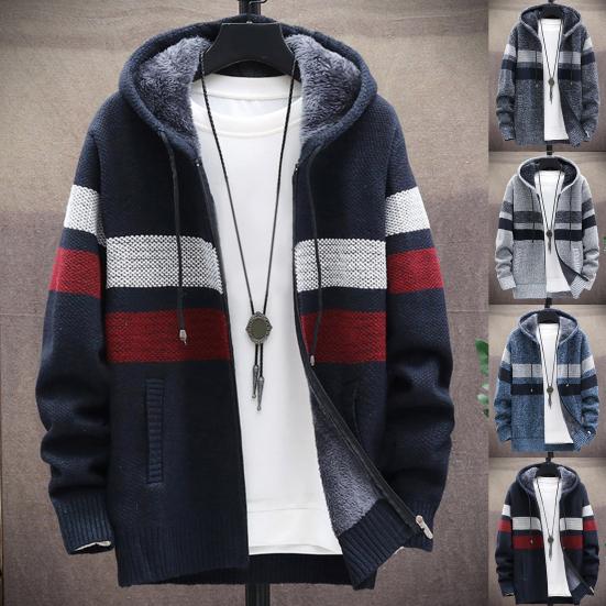 HIMO Group Herfst Winter Heren Lange Mouw Gebreide Capuchon Vest Rits Pluche Kleur Blok Jas 3XL