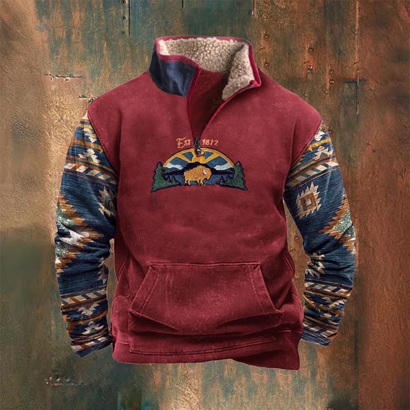 HIMO Group Heren Western Fleecejack Cowboy Bull Head Print Pullover 1/4 Zip Stand Collar Lange Mouw Country Sweatshirts Pullover Jassen S