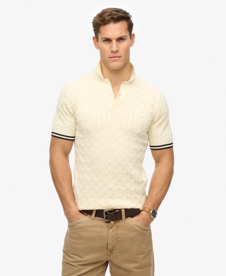 Superdry Mannen Gebreid Poloshirt met Korte Mouwen en Textuur Crème