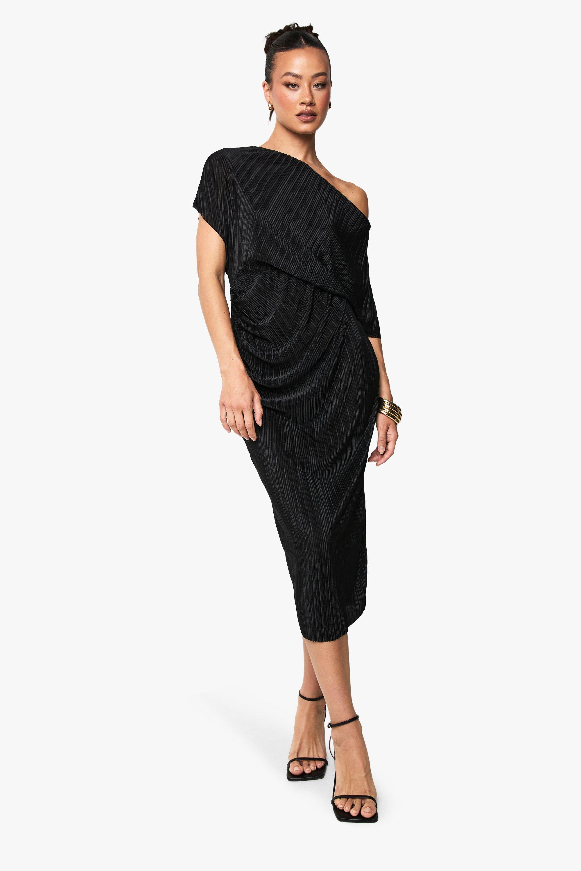 Boohoo Tall Plisse Off Shoulder Midi Jurk, Black