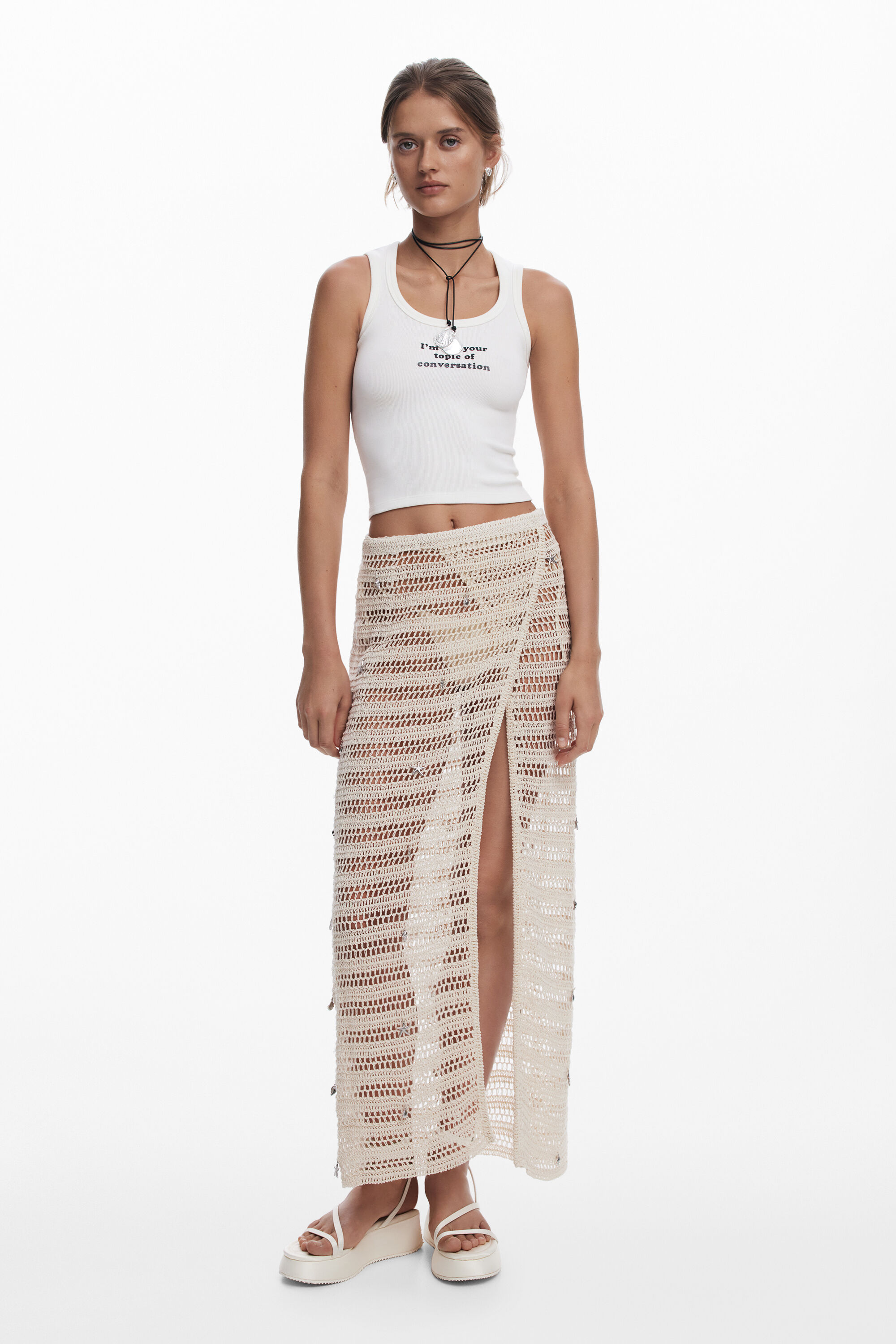 Desigual Opengewerkt wikkeljurk met applicaties - WHITE