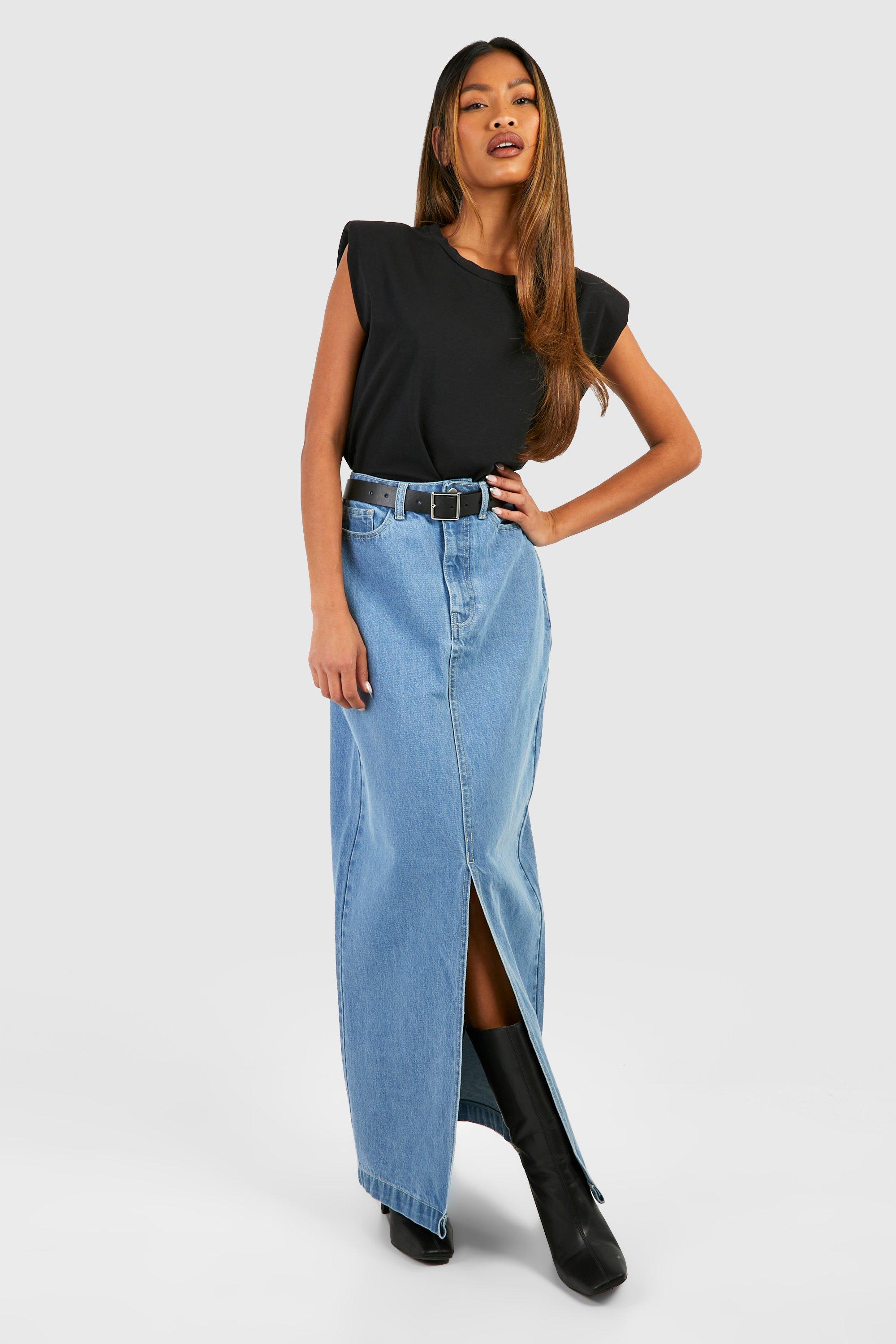 Boohoo Maxi Spijkerrok Met Split, Light Wash