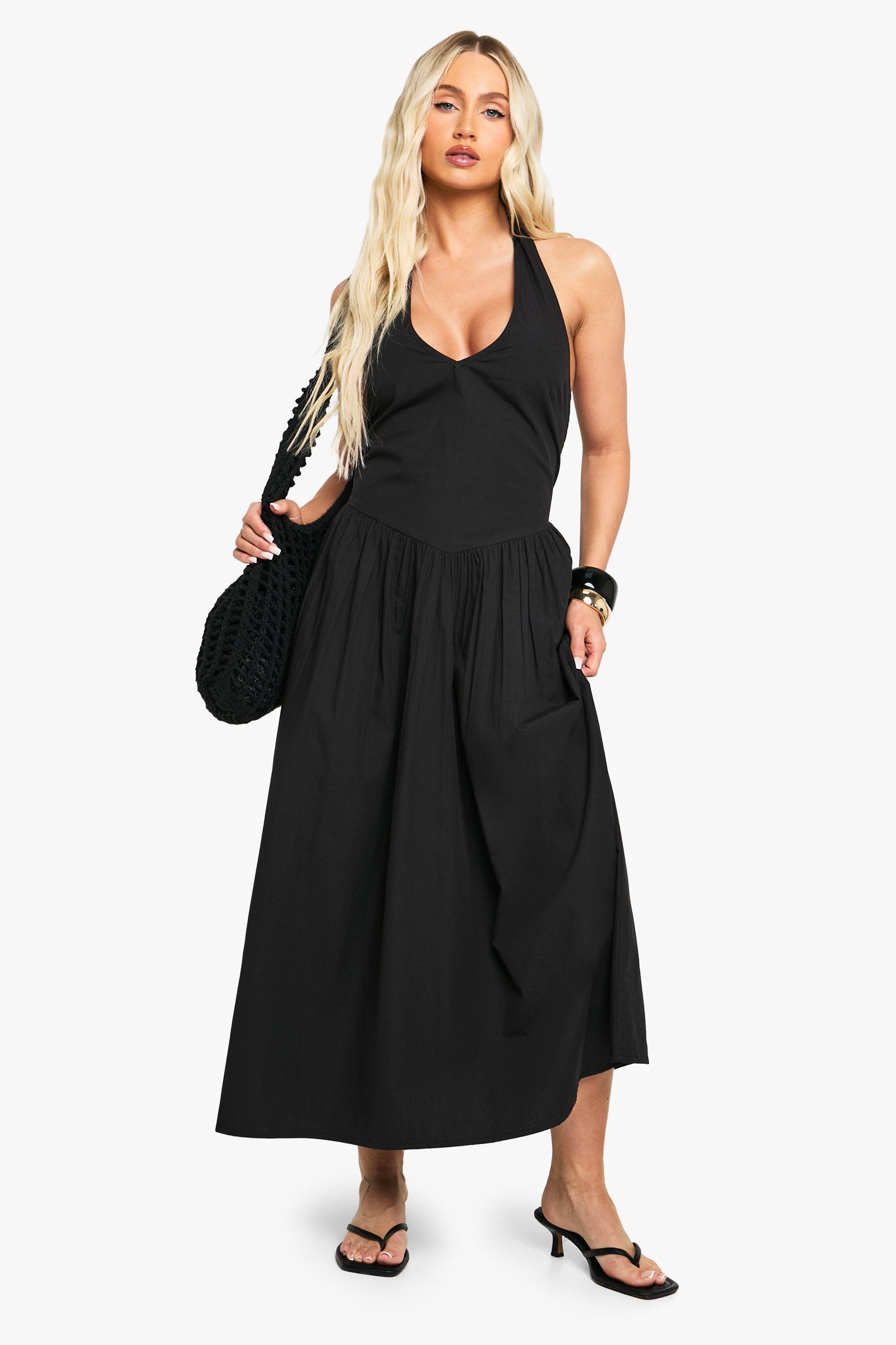 Boohoo Katoenen Poplin Midi Jurk Met Halter Neck, Black