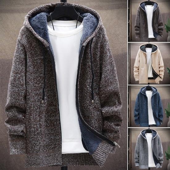 Bohuidadeng Winterjas voor heren, verdikt fleece, capuchon, trekkoord, ritssluiting, lange mouwen, trui, jaszakken, elastische manchetten, retrogebreid, dagelijks te dragen, buitenkledingjas L beige