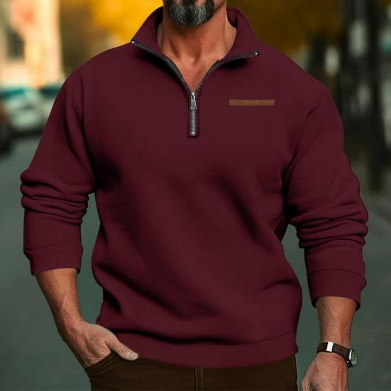 PLUM LAI Herfst Winter Heren Sweatshirt Halve Rits Staande Kraag Losse Effen Kleur Dikke Pluche Elastische Manchet Pullover XXL wijnrode kleur