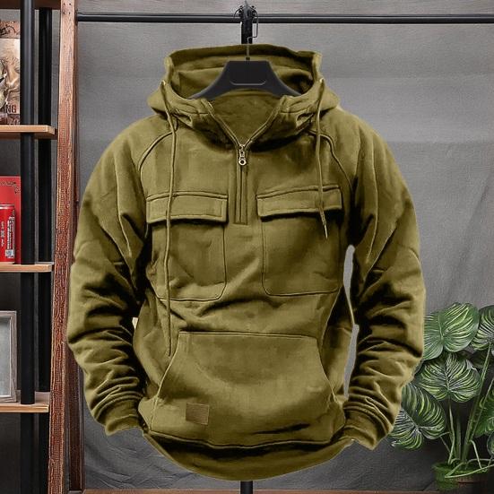 LuxeLane Lente Herfst Heren Hoodie Cargo Stijl Trekkoord Grote Opgestikte Zak Halve Rits Lange Mouwen Effen Kleur Casual Dagelijkse Draag Sport Top L wijnrode kleur