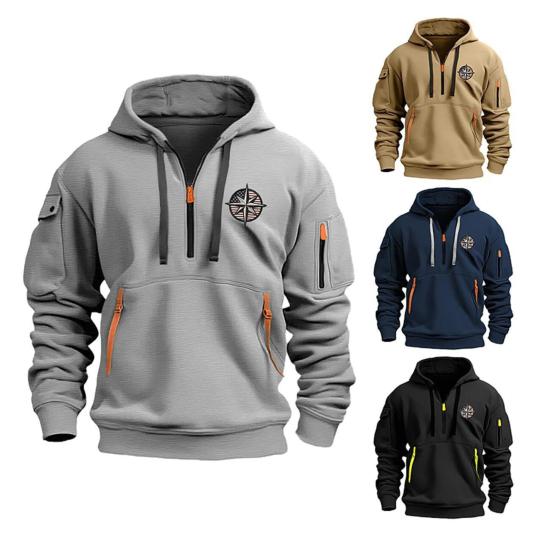 Tianhangyuan Heren Herfst Winter Hoodie Effen Kleur Trekkoord Lange Mouwen Halve Rits Borduurwerk Badge Grote Zak Capuchon Losse Dagelijkse Draag Casual Sport Top M lichtgrijze kleur