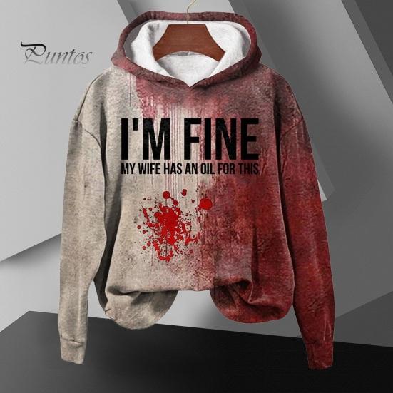 DILLER Heren Herfst Winter Halloween Hoodie Bloedvlekken Print Elastische Manchet Retro 3D Letterpatroon Dik Kleurverloop Capuchon Los Houd Warm Mid Lengte Sport XL