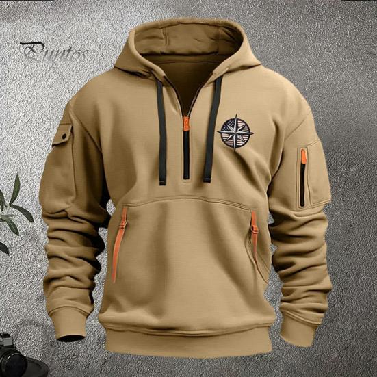 DILLER Heren Herfst Winter Hoodie Effen Kleur Trekkoord Lange Mouwen Halve Rits Borduurwerk Badge Grote Zak Capuchon Losse Dagelijkse Draag Casual Sport Top M marineblauwe kleur