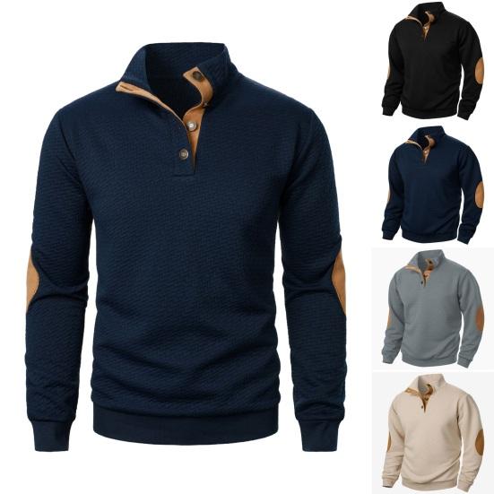 Aoring Heren Sweatshirt met Elastische Manchetten Opstaande Kraag Lange Mouwen Patchwork Losse Contrasterende Kleur Knopen Casual Dagelijks Dragen School Middellange Top S marineblauwe kleur