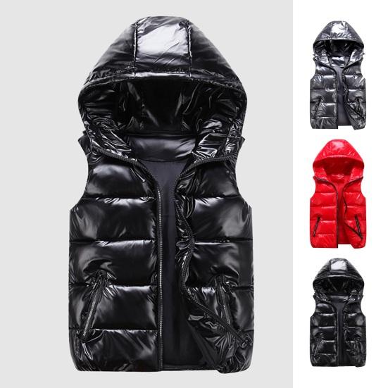 Piaokangguan Heren katoenen vest herfst winter capuchon mouwloos rits sluiting jas met zakken effen kleur glanzende afwerking dons gewatteerde vest jas XL zwart