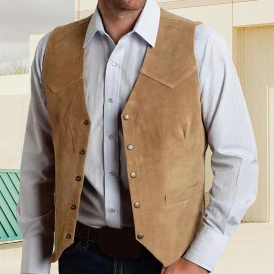 Mingchuang Heren Vestjas Kraagloos V-hals Mouwloos Enkelrijs Effen Kleur Gilet met Zakken Old West Stijl Gilet Formeel Zakelijk Pak Jas M kaki