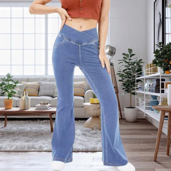 Alles gute Denim broek met hoge taille, iets slim fit, uitlopende jeans, zakken, gekruiste tailleband, denimbroek, streetwear M lichtblauwe kleur