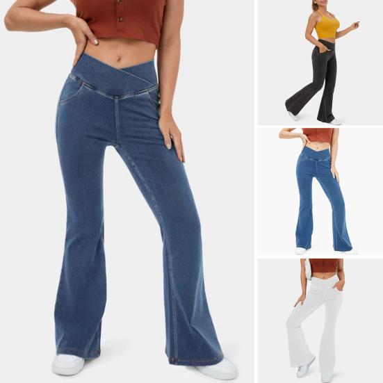 Shangkelv Denim broek met hoge taille, iets slim fit, uitlopende jeans, zakken, gekruiste tailleband, denimbroek, streetwear M lichtblauwe kleur